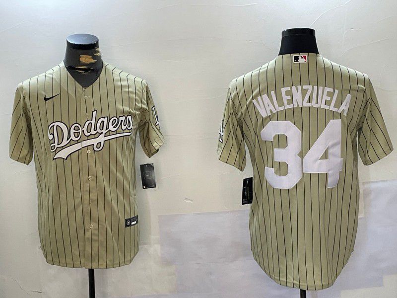 Men Los Angeles Dodgers 34 Valenzuela Green Stripe Game 2024 Nike MLB Jersey style 1